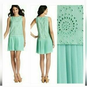 Ann Taylor Loft eyelet mint green mini dress drop waist pleated hem size 4